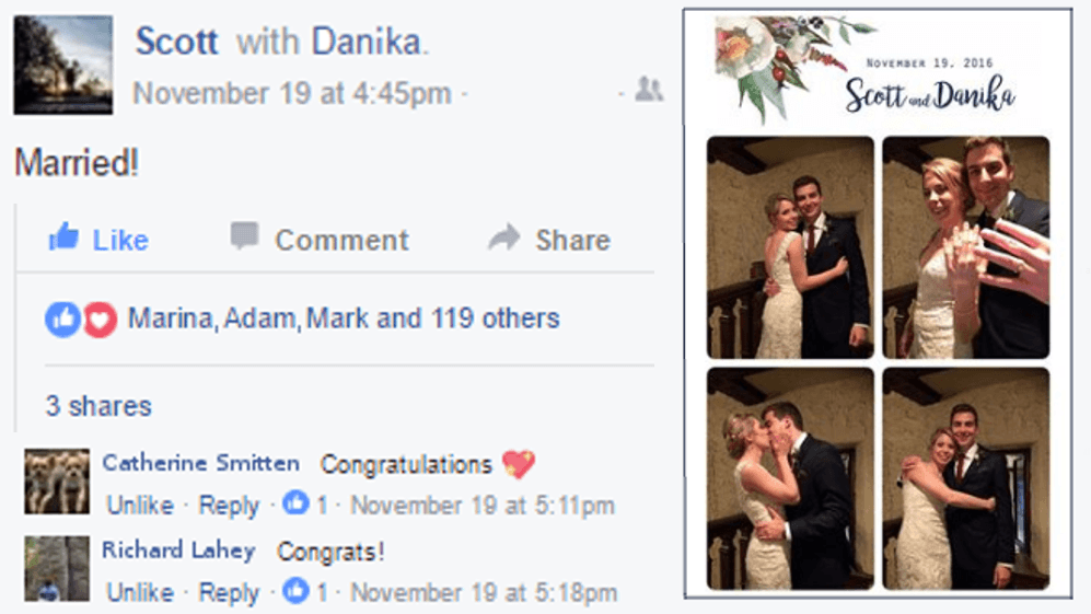Newlyweds' Facebook post sharing their photo booth photo